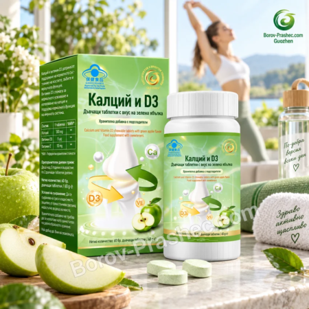 Калций и D3 Guozhen в светла сутрешна wellness сцена с жена, която прави разтягане, зелени ябълки и дъвчащи таблетки