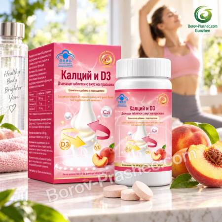 Калций и D3 Guozhen с вкус на праскова в светла wellness сцена с жена, която прави разтягане