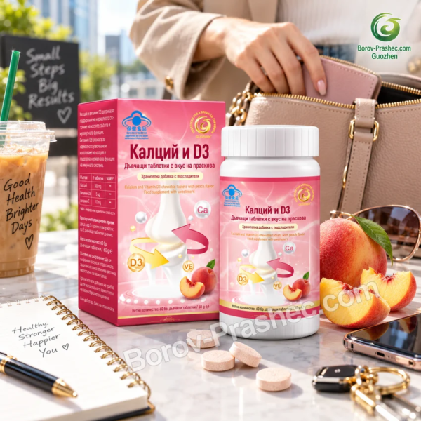 Калций и D3 дъвчащи таблетки с вкус на праскова до дамска чанта, телефон и лични вещи в ежедневна сцена