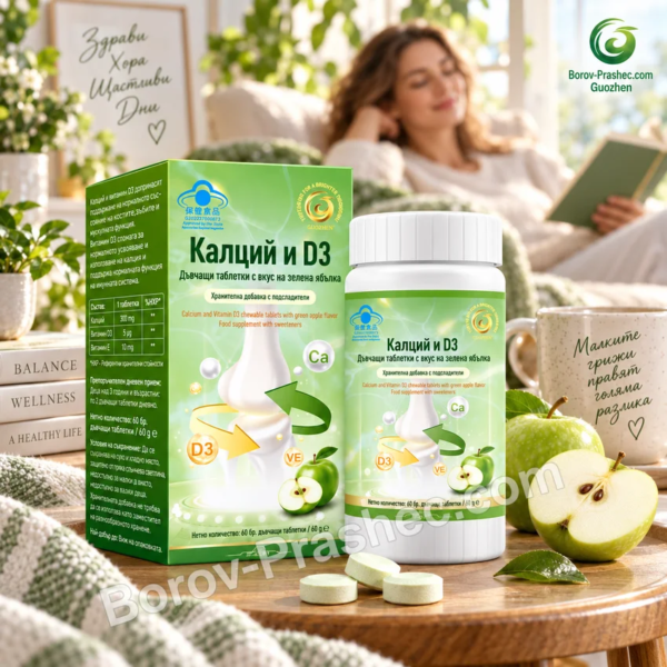 Калций и D3 Guozhen с дъвчащи таблетки и зелени ябълки в уютна домашна wellness обстановка